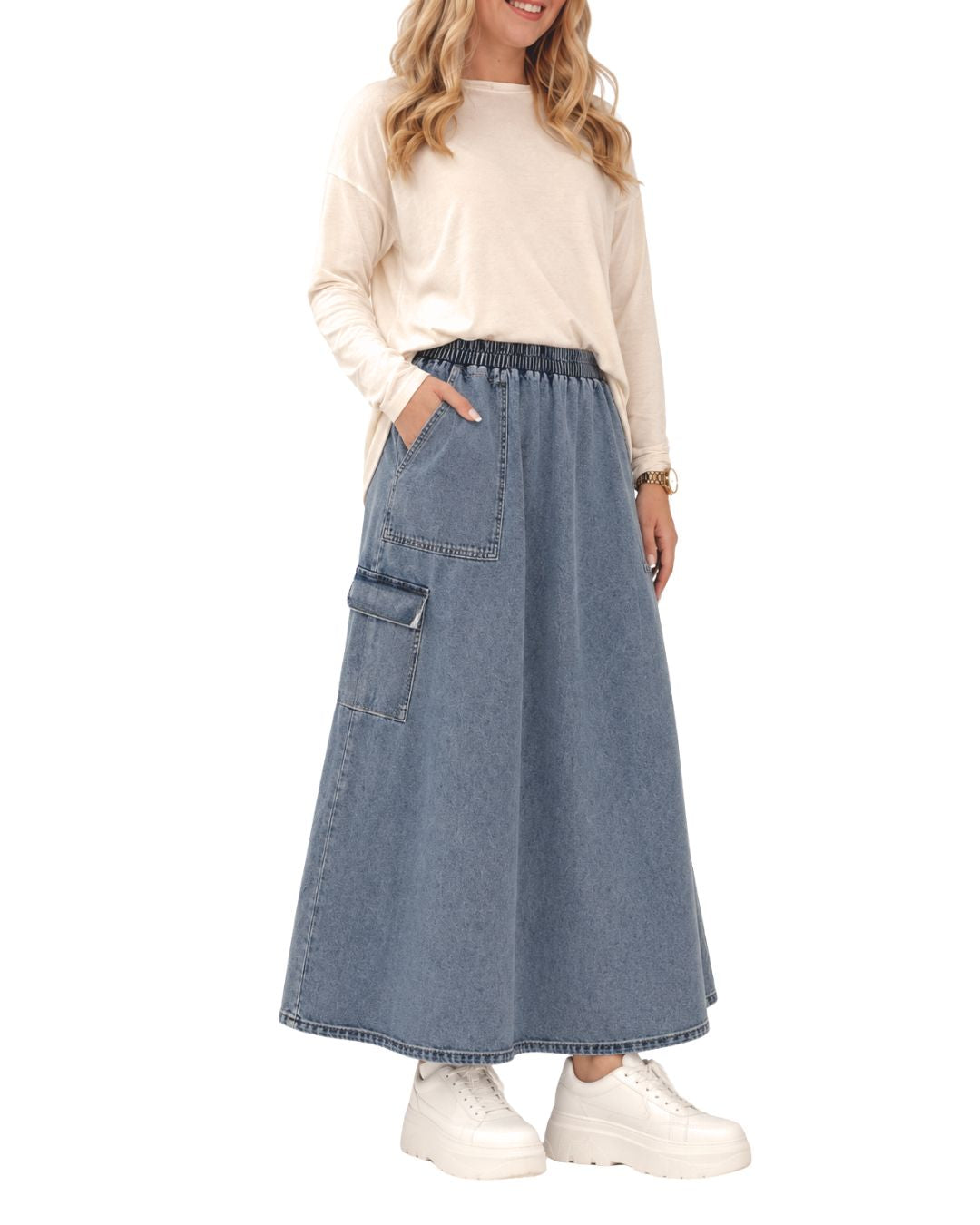 Washed Denim Cargo Maxi