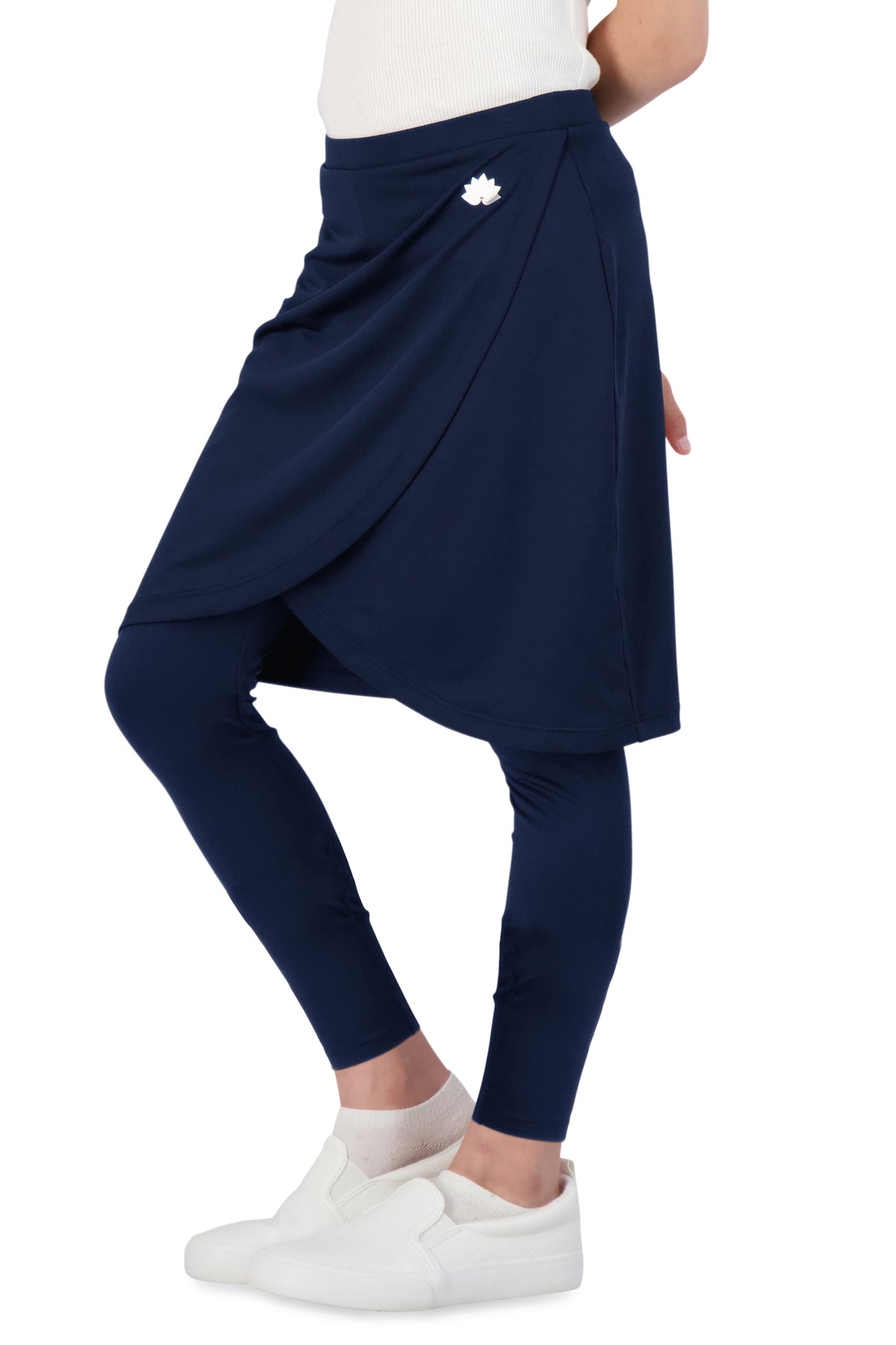 Snoga Athletics navy modest skirt leggings for women, side view, casual activewear