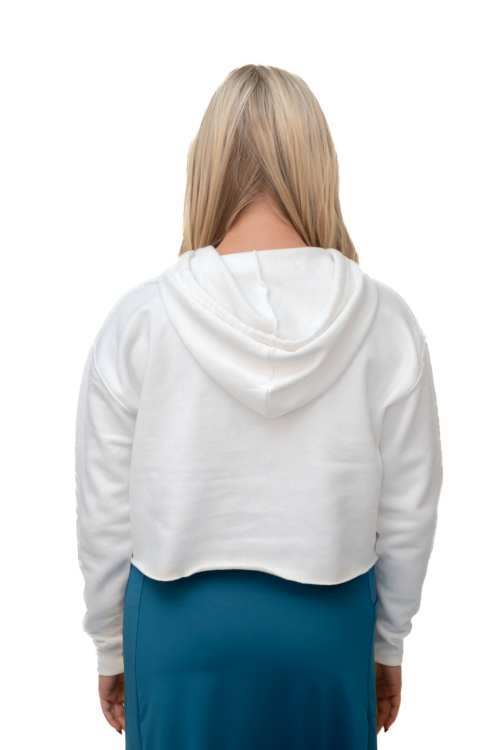 Back view of woman in white cropped hoodie and blue skirt by Snoga Athletics