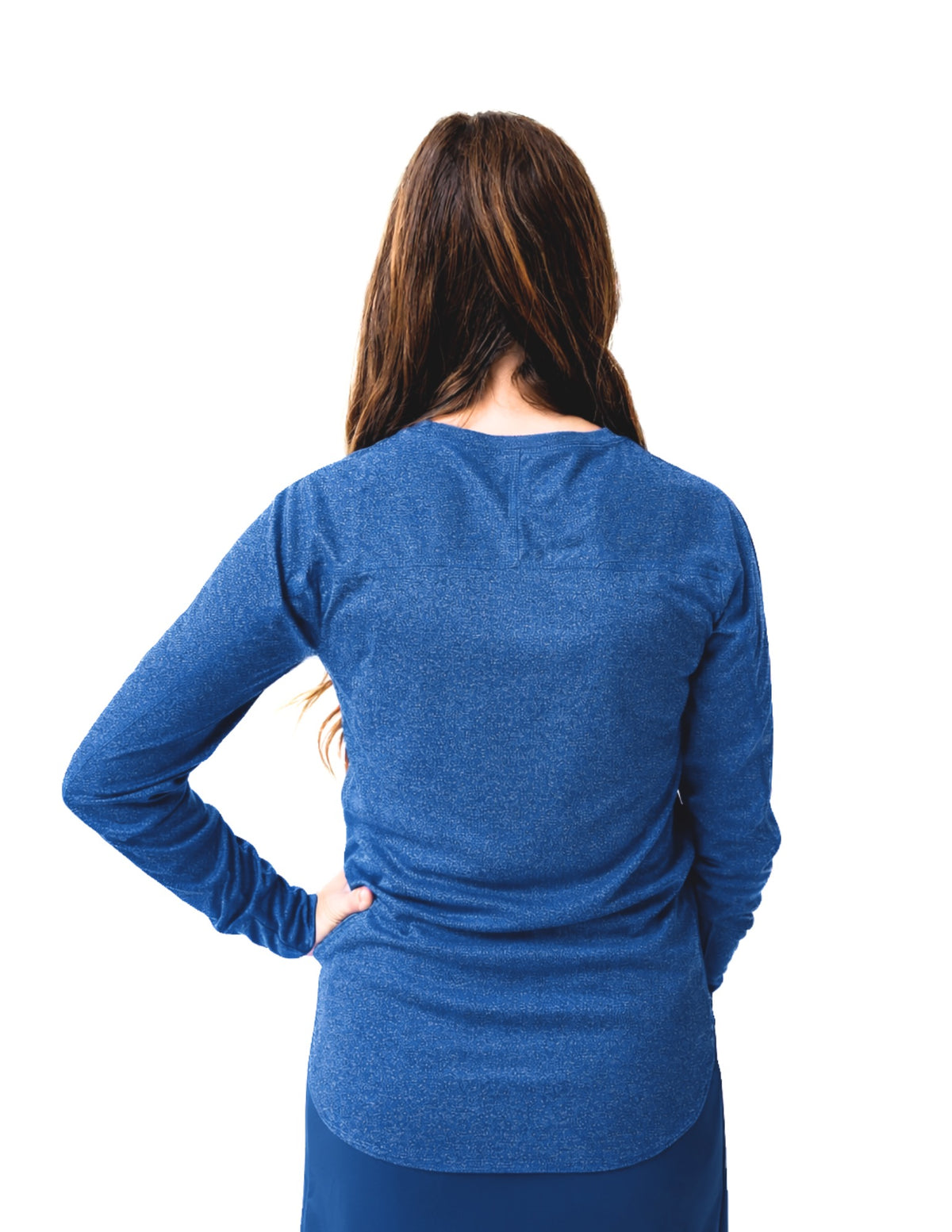 Snoga Athletics women's long sleeve blue activewear top, back view, modest style