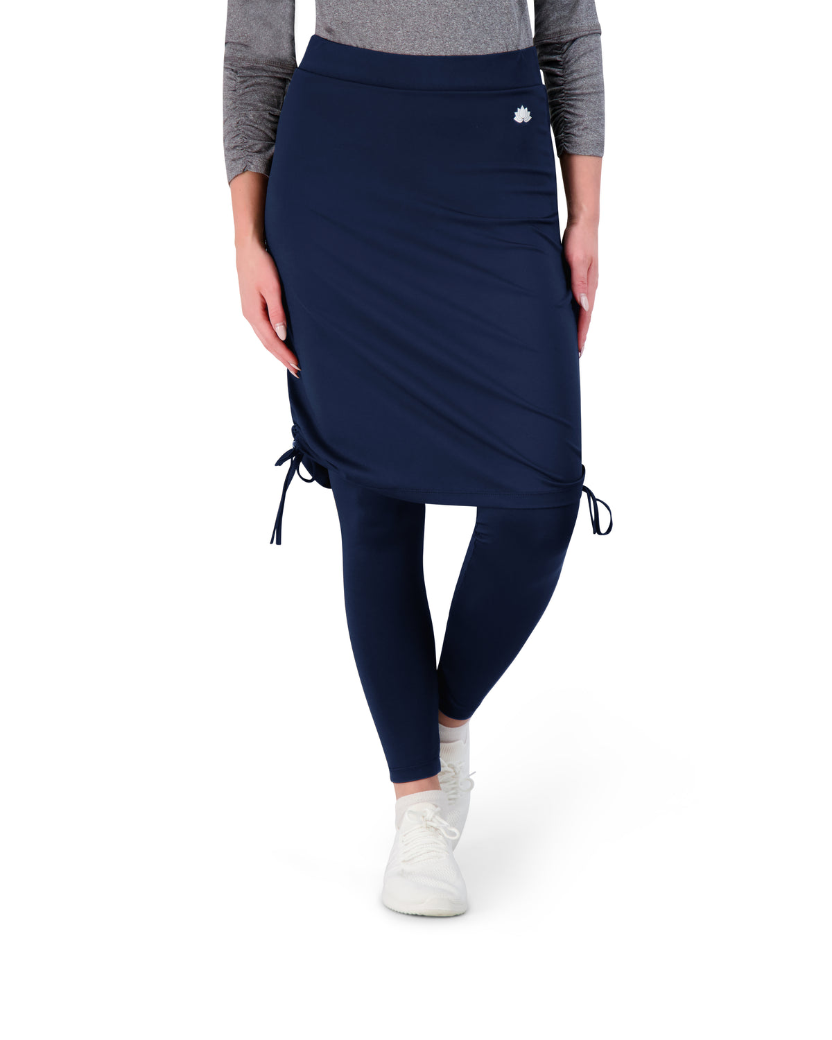 Snoga Athletics navy modest skirted leggings with adjustable drawstrings, activewear for women