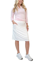 Brilliant white Snoga Athletics Fit Skort Snoga with 22-inch length, lightweight fabric, and sporty design for active wear.