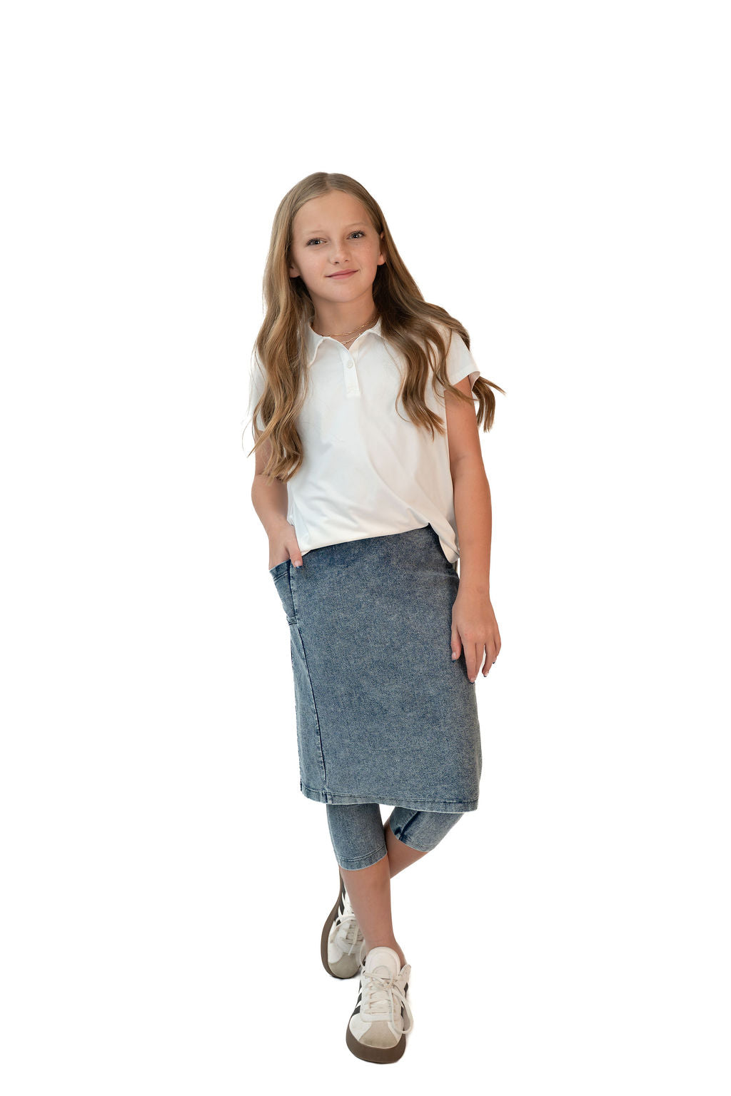 Girls fit Snoga denim kids snoga by Snoga Athletics, shown in a comfortable, stretchy denim fabric perfect for active wear.