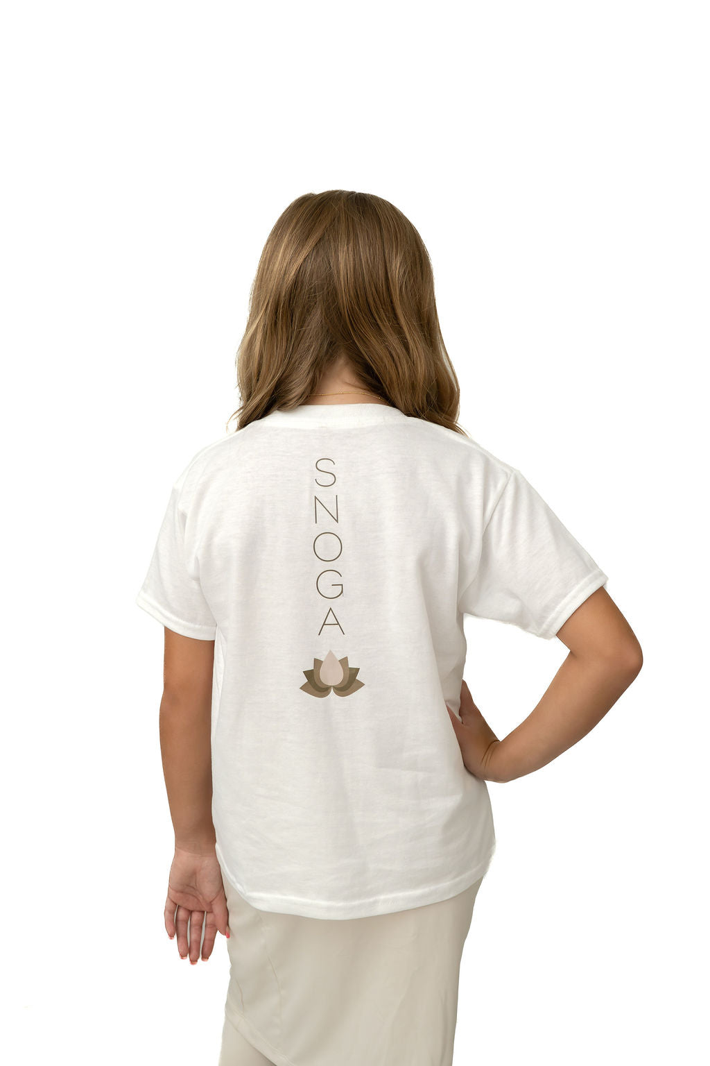 Girl wearing a white Snoga Athletics t-shirt with logo and modest beige skirt, back view