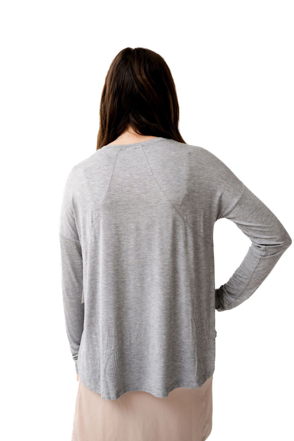 Snoga Athletics gray long sleeve top back view, modest activewear for women