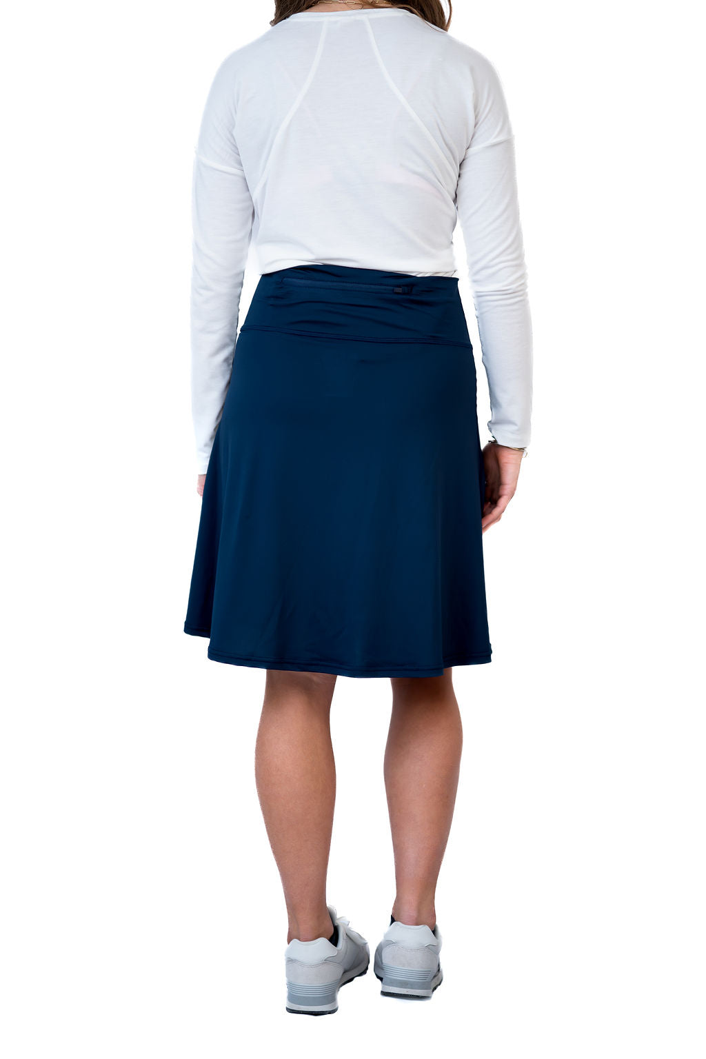 Snoga Athletics navy modest activewear skirt with white long sleeve top, back view