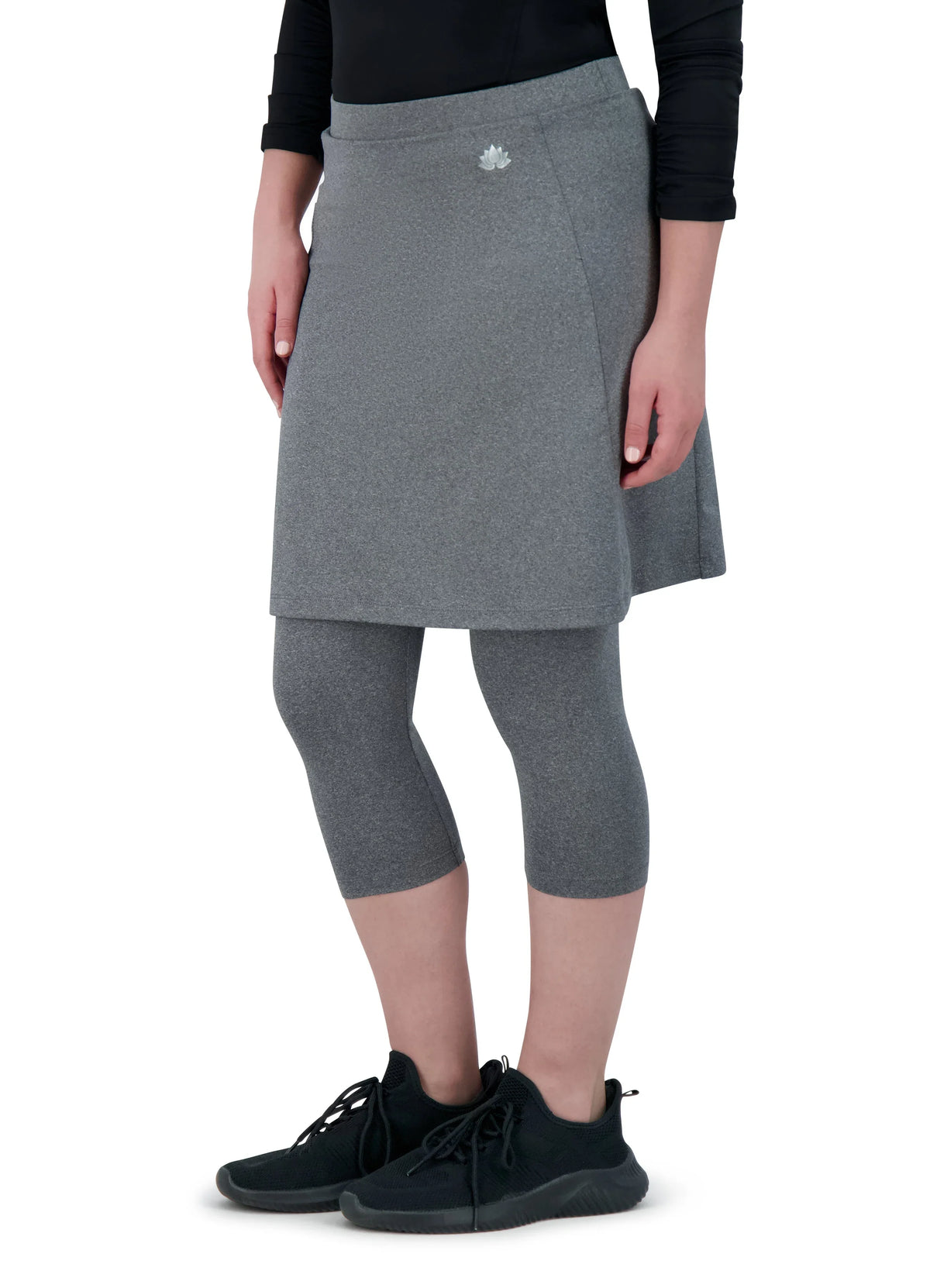 Snoga Athletics heather grey 3/4 length leggings with attached modest skirt