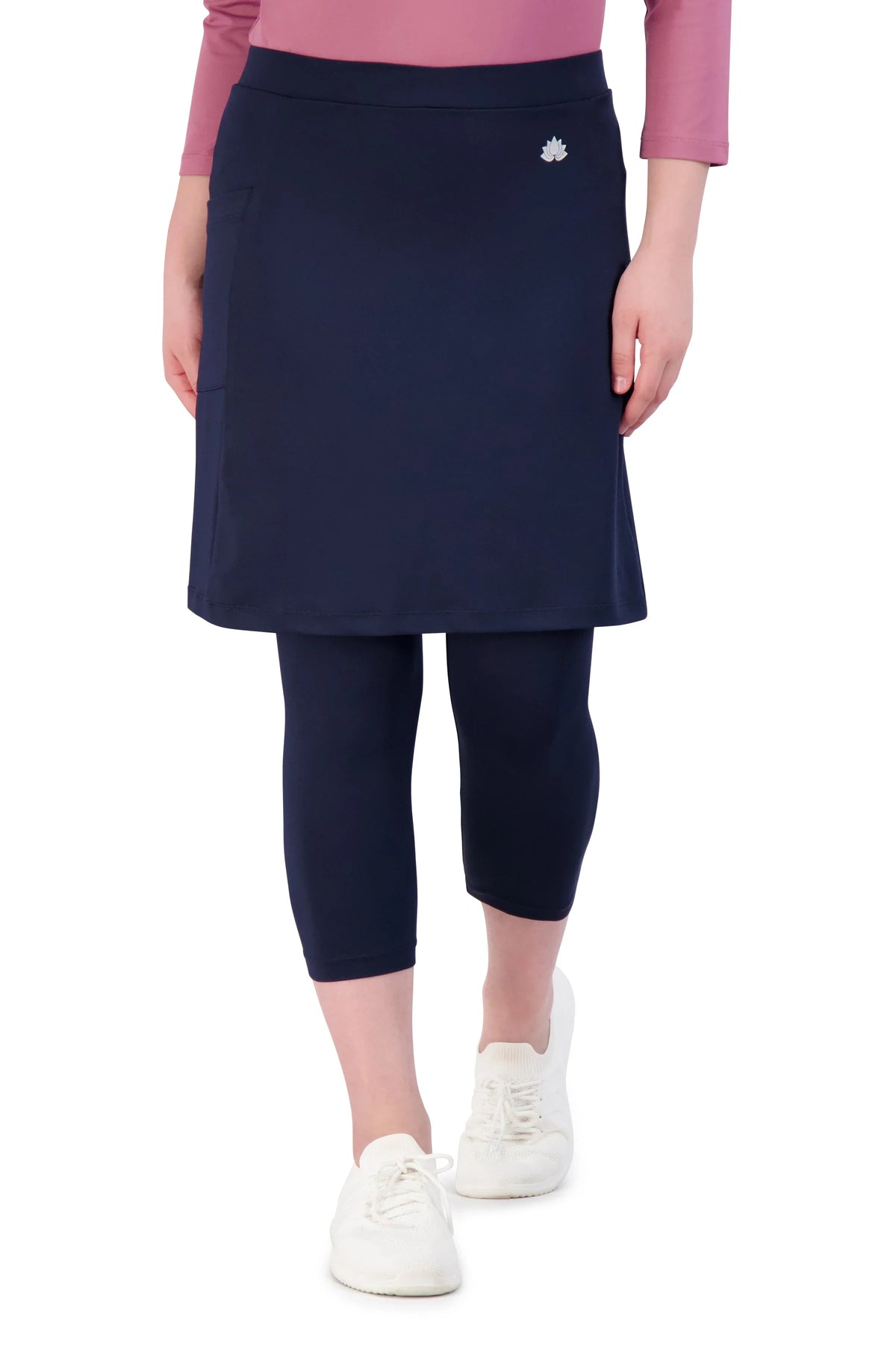 Snoga Athletics 3/4 length navy leggings with attached skirt, modest activewear