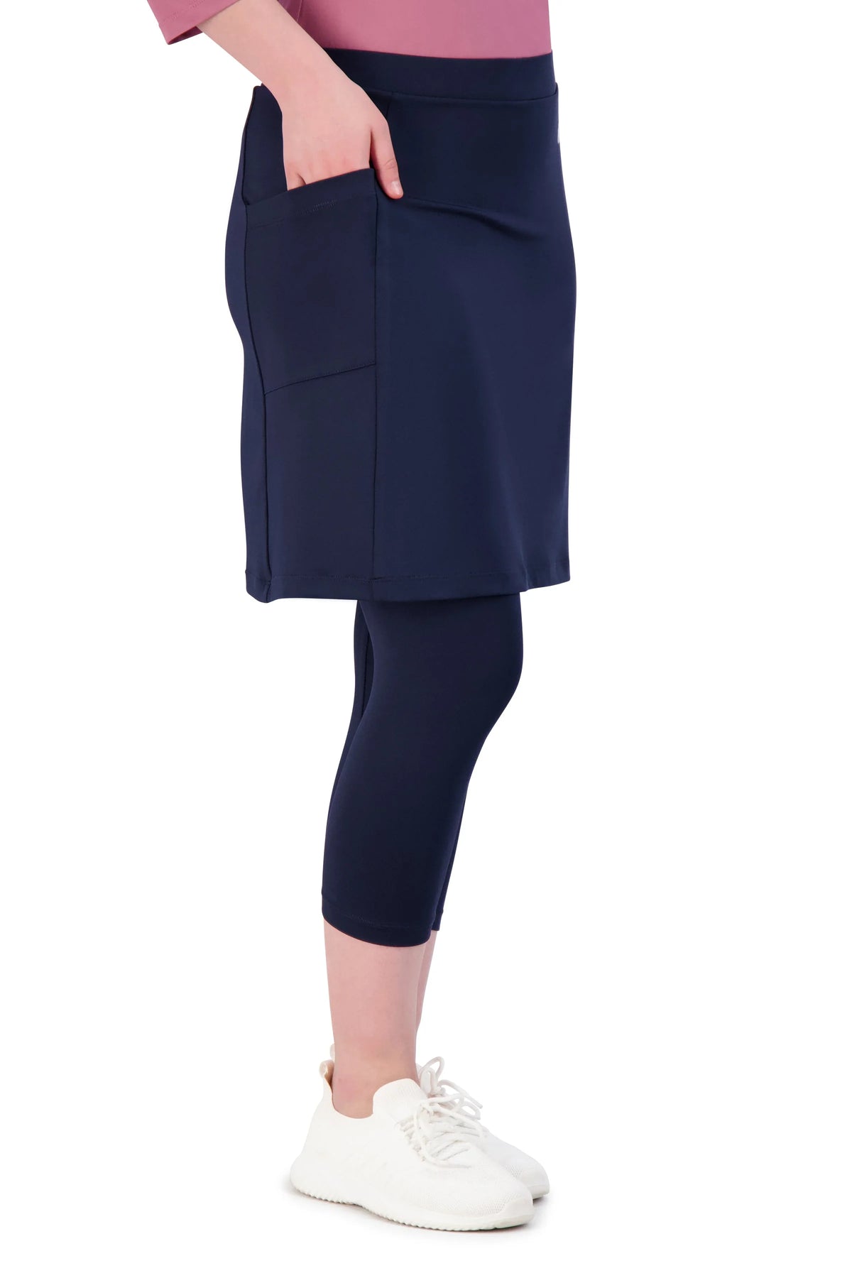 Snoga Athletics navy 3/4 length leggings with attached skirt and side pocket