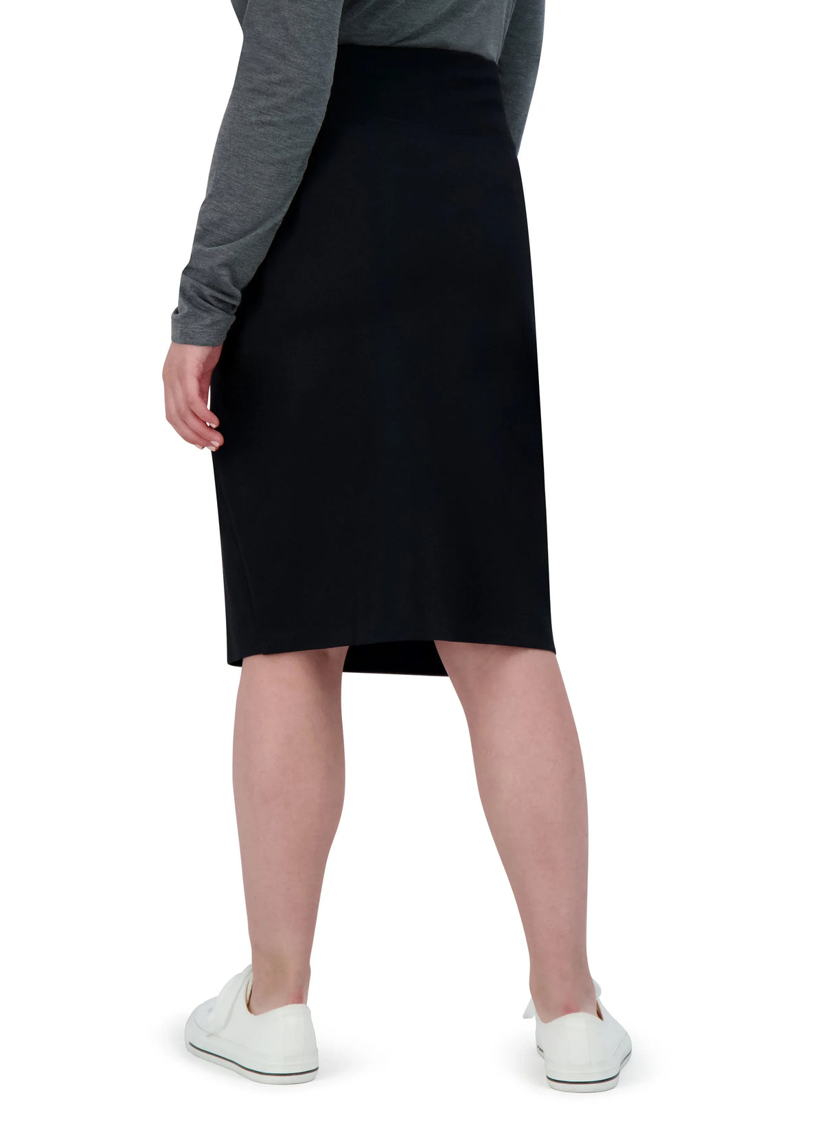 Snoga Athletics black knee-length ponte pencil skirt, size inclusive, shown from back