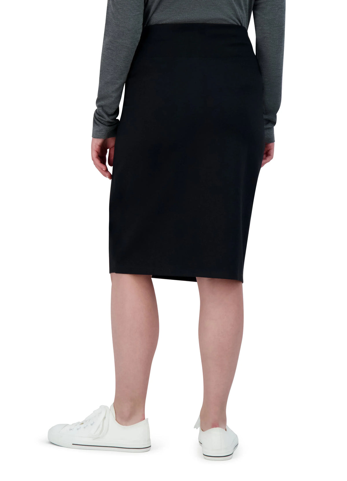 Snoga Athletics black ponte pencil skirt, knee length, shown from the back on model