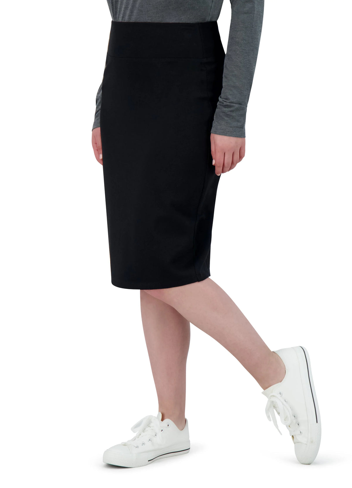 Snoga Athletics black ponte knee-length pencil skirt with stretch fabric, worn by model