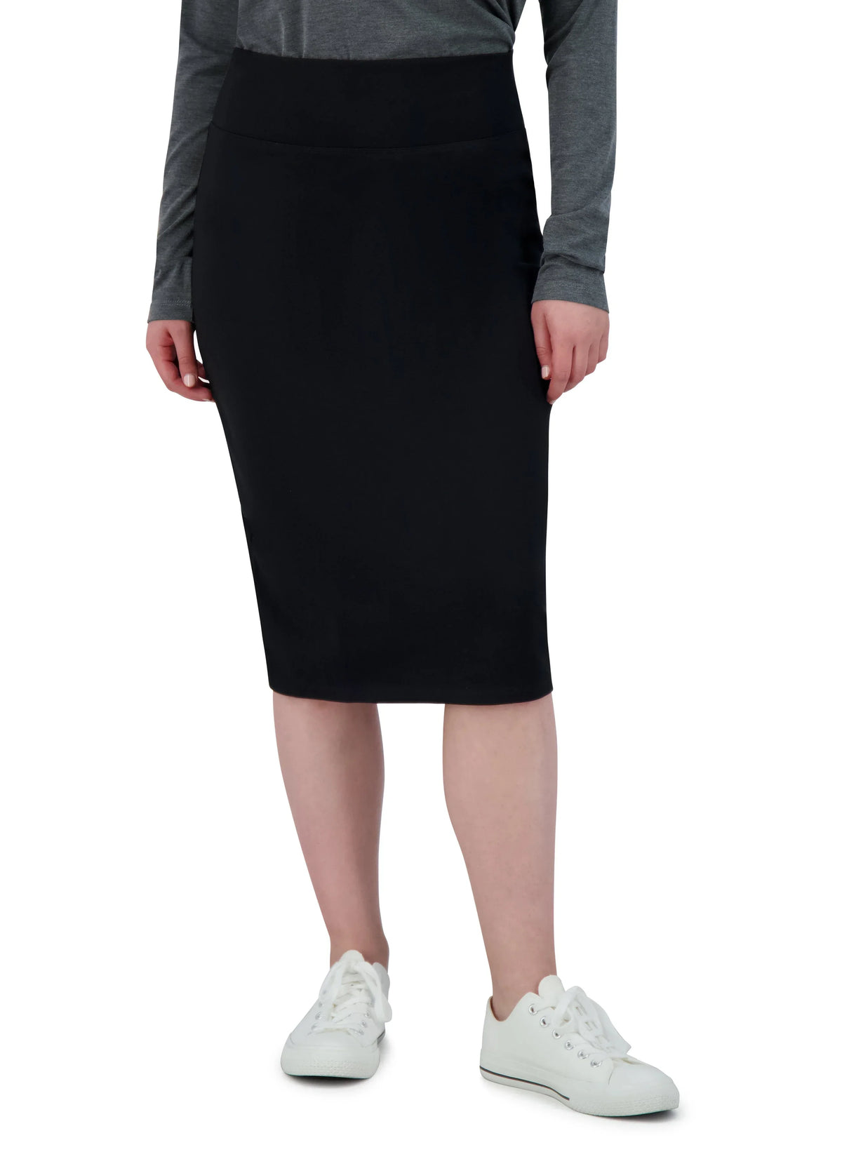 Snoga Athletics black ponte pencil skirt, knee-length, worn with sneakers