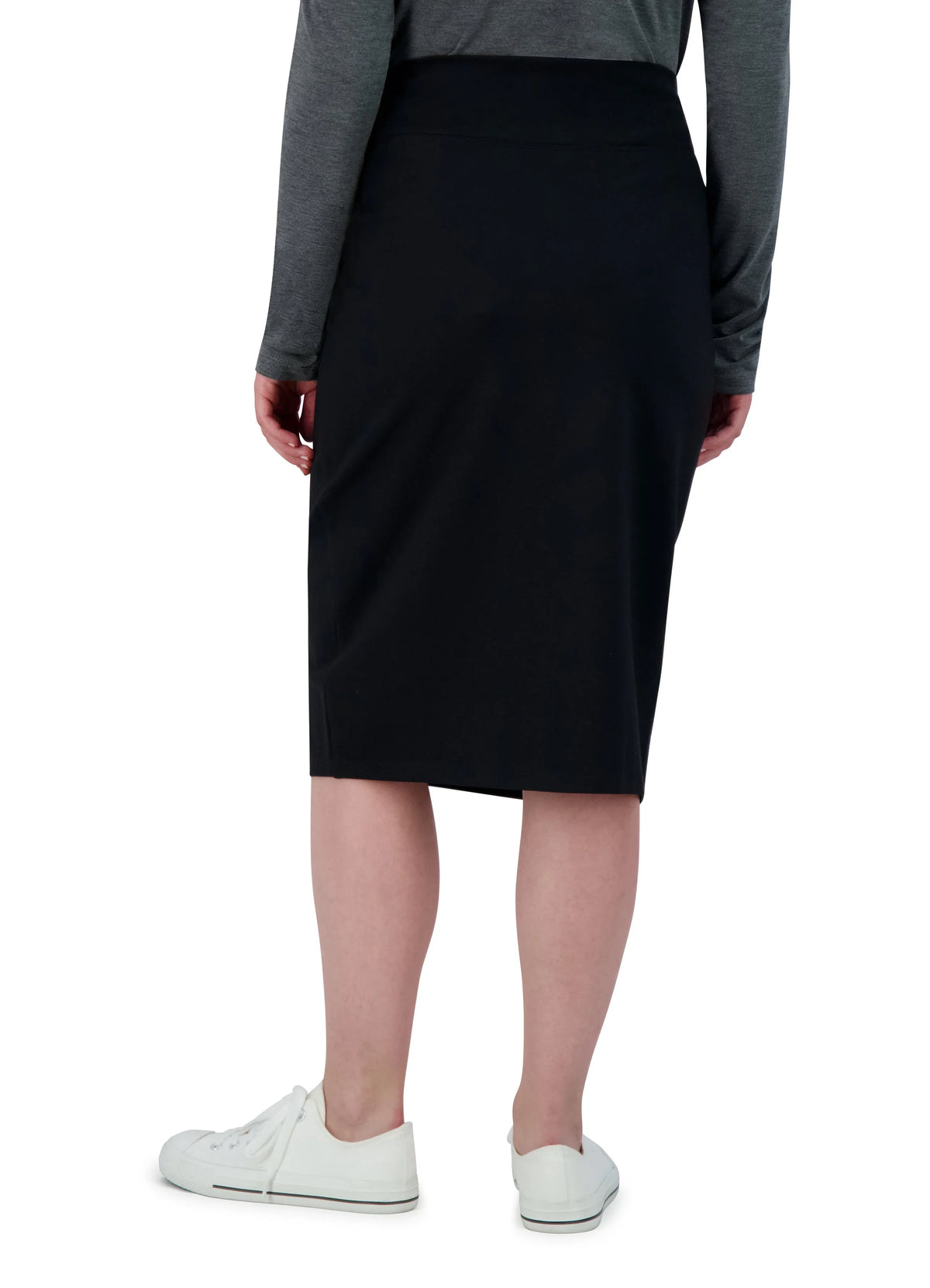 Snoga Athletics black ponte pencil skirt, knee-length, worn with casual sneakers