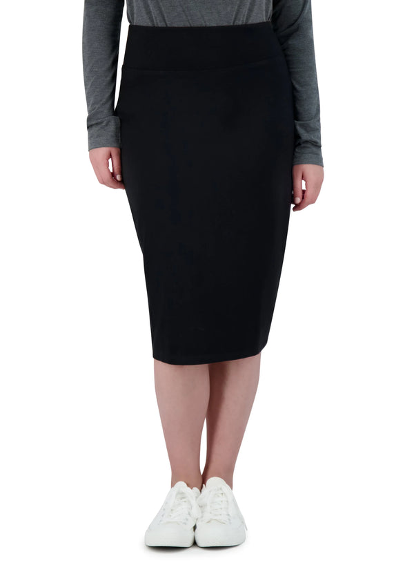 Snoga Athletics black ponte knit knee-length pencil skirt on model with white sneakers