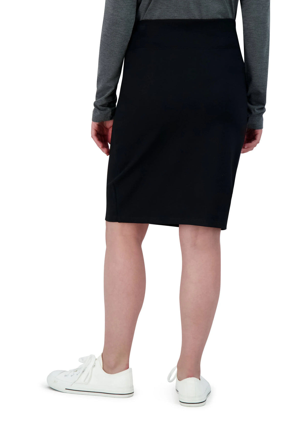 Snoga Athletics black ponte knee-length pencil skirt on model with gray top and white sneakers