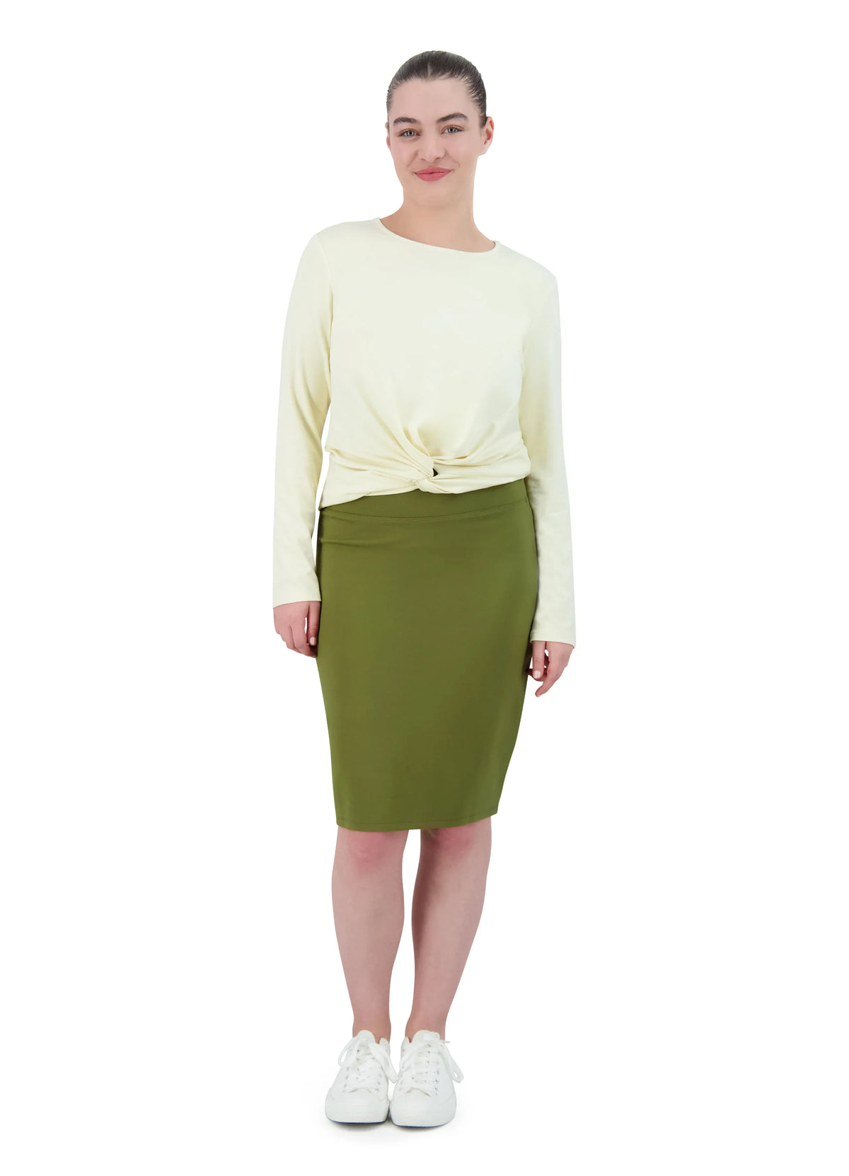 Woman wearing Snoga Athletics olive ponte pencil skirt and cream long sleeve top