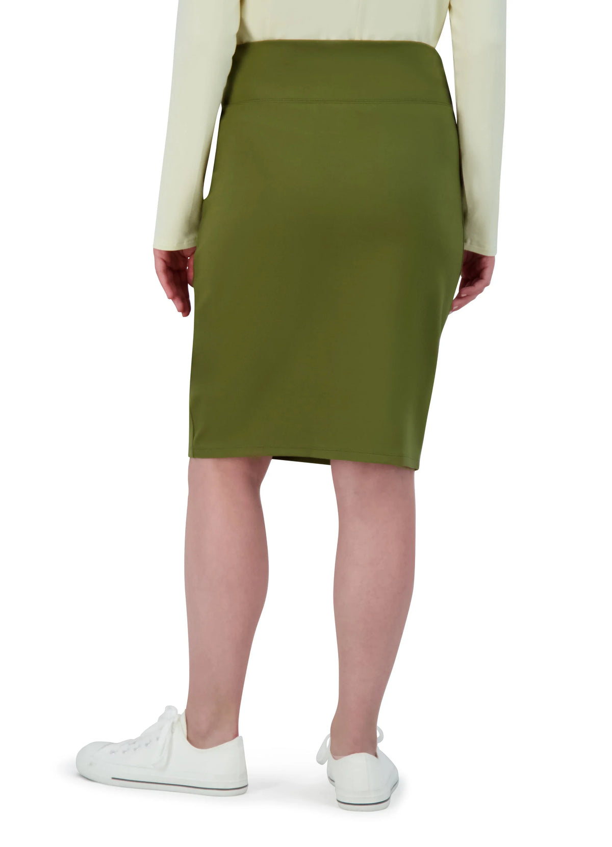 Snoga Athletics olive knee-length ponte pencil skirt, back view, with stretch fabric