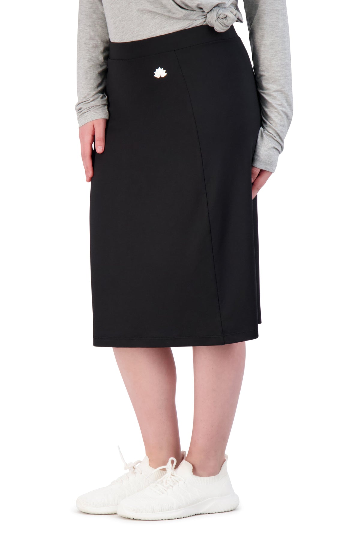 Snoga Athletics black midi active skirt with attached shorts, modest sportswear