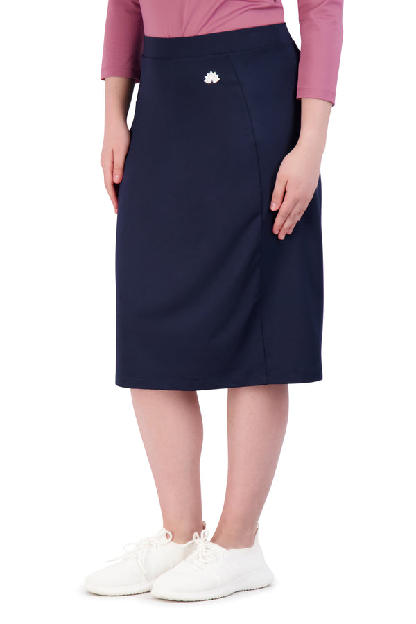 Snoga Athletics navy athletic fit skort for women with logo, modest activewear style