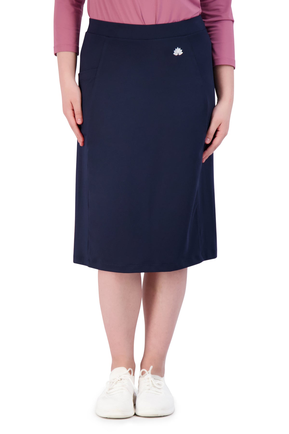 Snoga Athletics navy blue fit skort with side pockets, modest activewear