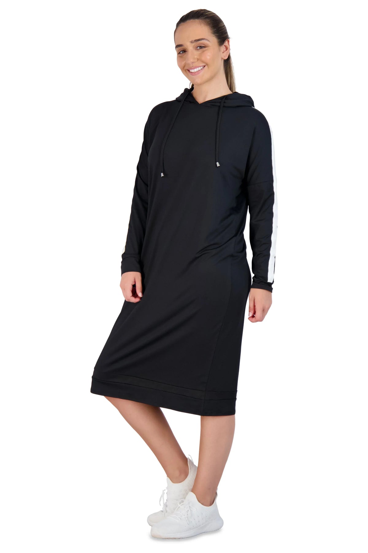 Woman wearing Snoga Athletics black active hoodie dress with white stripe, side view