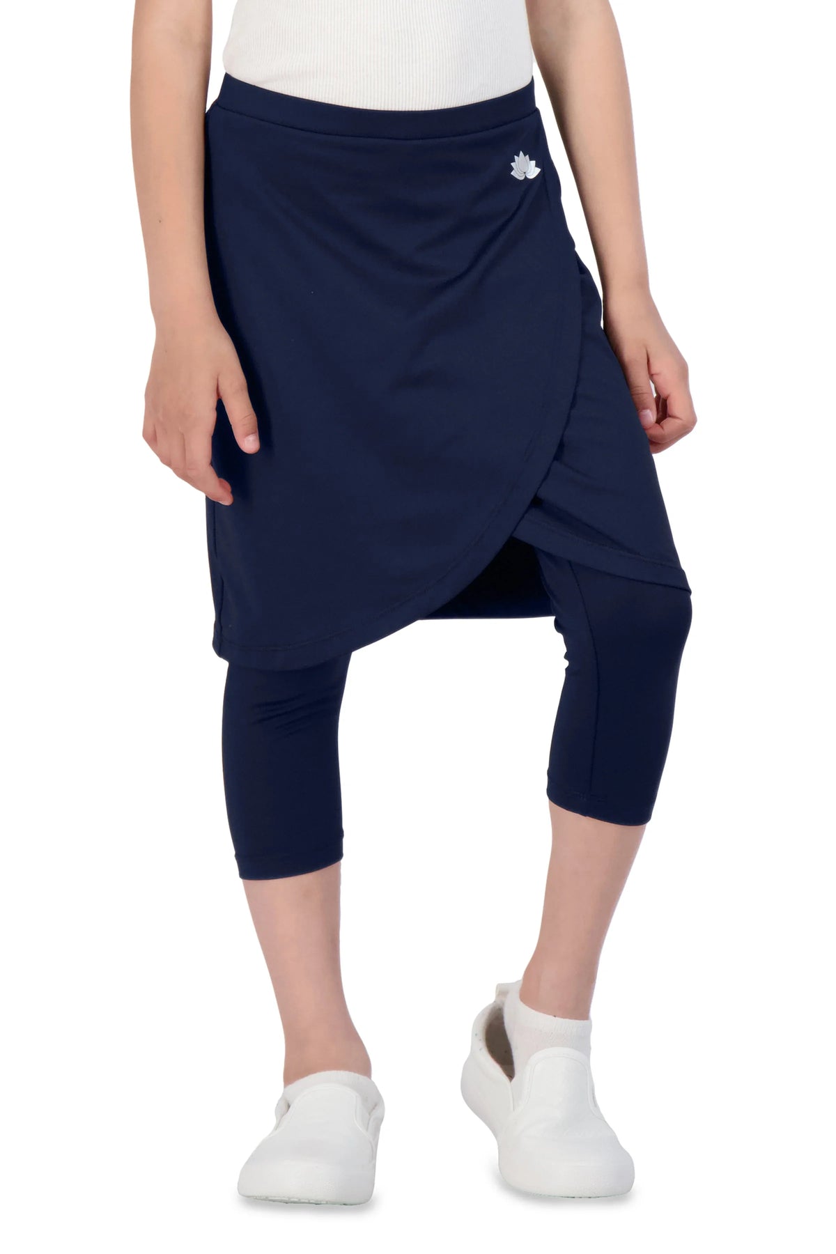 Snoga Athletics girls faux wrap navy athletic skirt with attached leggings