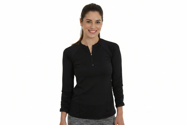 Woman wearing Snoga Athletics black long sleeve active top with quarter zip