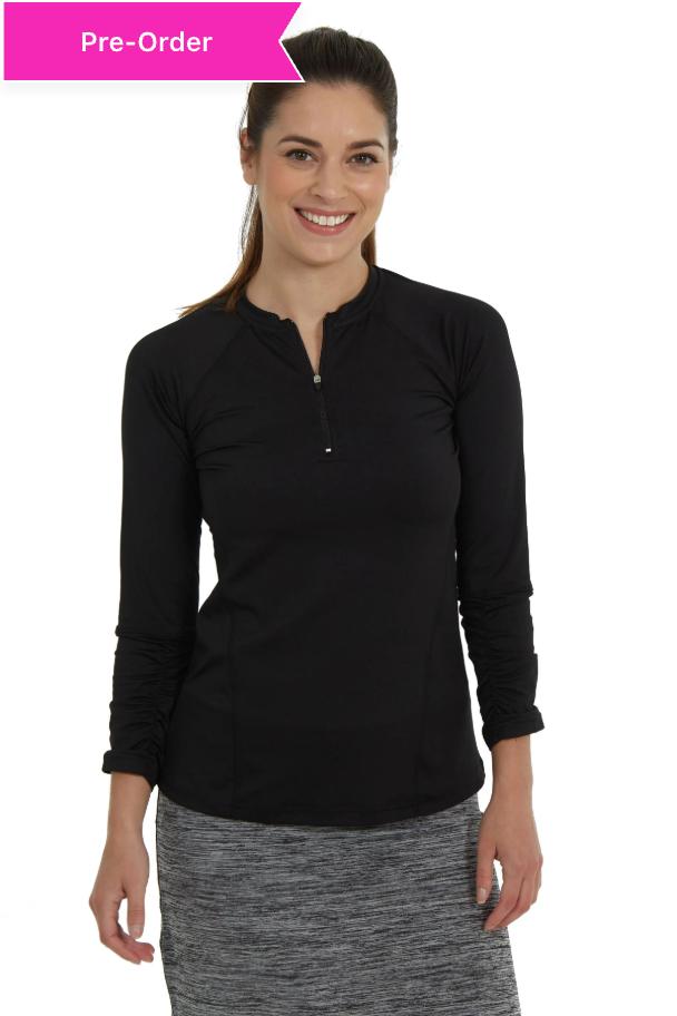 Woman wearing Snoga Athletics black long sleeve active top with quarter zip