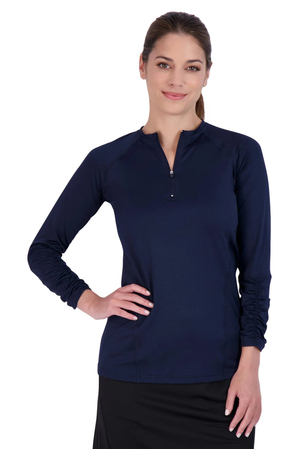 Woman wearing Snoga Athletics navy long sleeve active top with front zipper