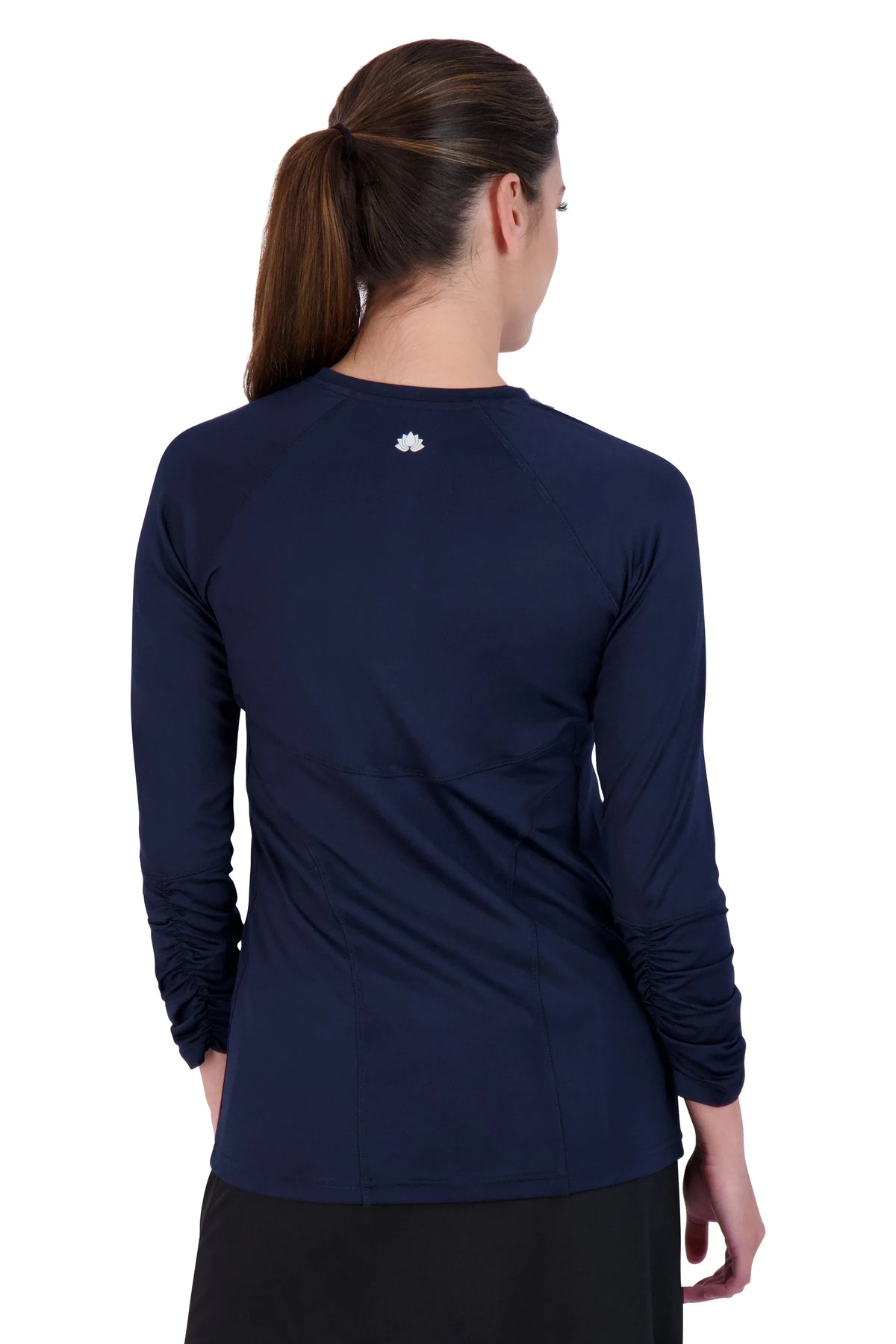 Woman wearing Snoga Athletics navy long sleeve active top, back view