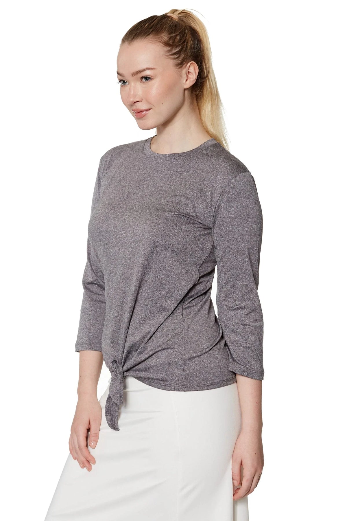 Woman wearing Snoga Athletics heather grey tie-front active tee with three-quarter sleeves