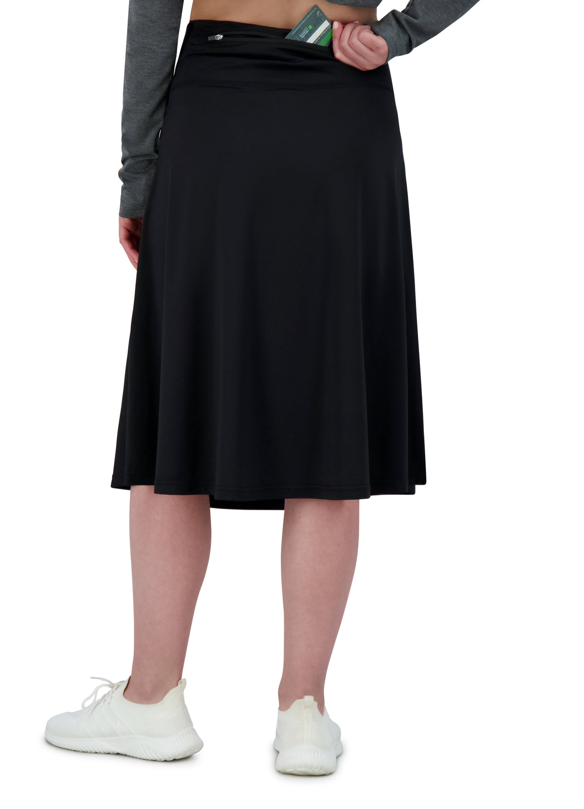 Snoga Athletics black fitness skirt with zipper pocket, shown from the back