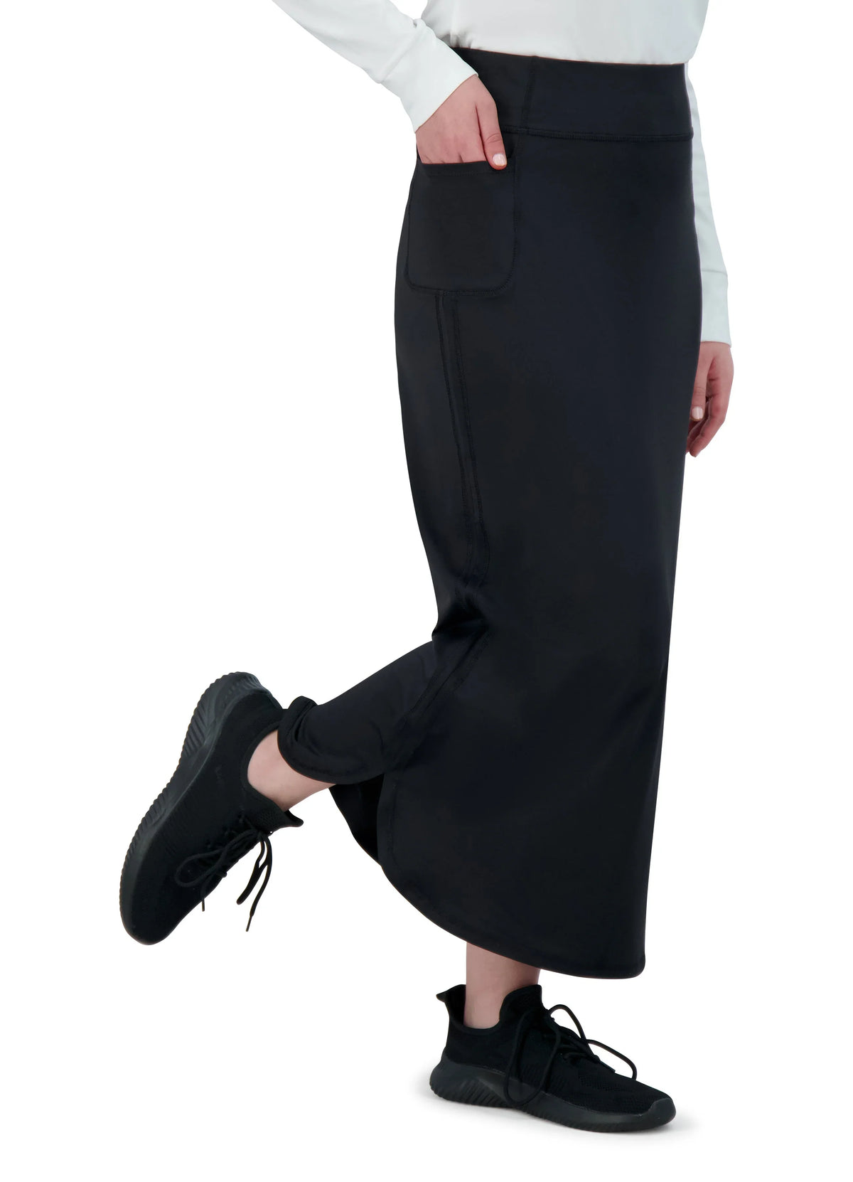 Snoga Athletics black maxi active skirt with side pocket, modest workout wear