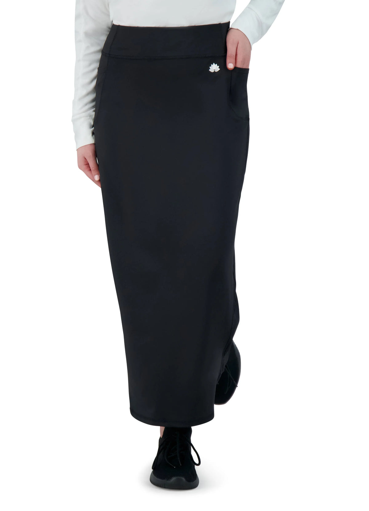 Snoga Athletics black maxi active skirt with side pocket and logo detail