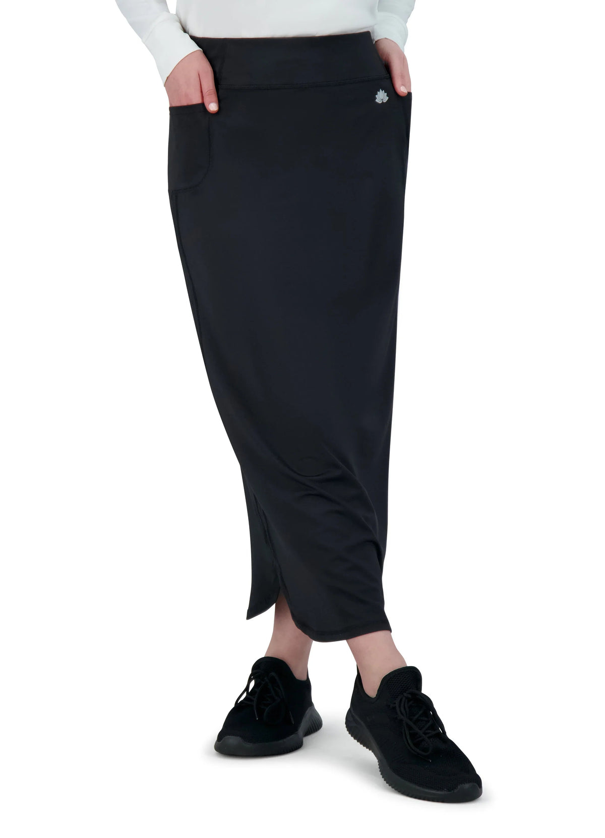 Snoga Athletics black maxi active skirt with pocket, side slit, and logo detail
