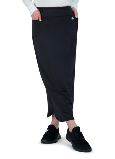 Snoga Athletics black maxi active skirt with pocket, side slit, and logo detail