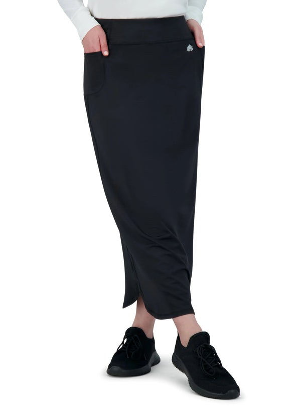 Snoga Athletics black maxi active skirt with pocket, side slit, and logo detail