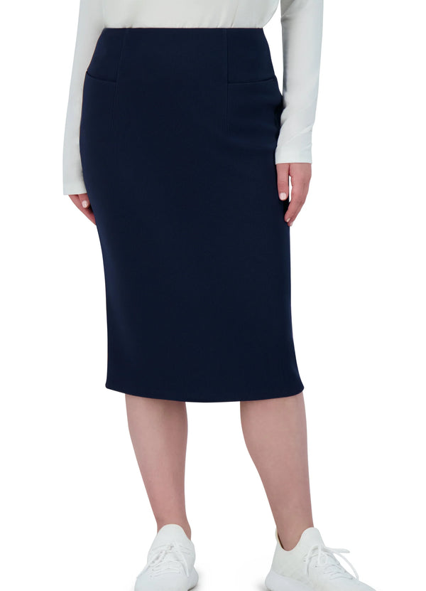 Snoga Athletics navy pencil skirt, modest fit, worn with white top and sneakers