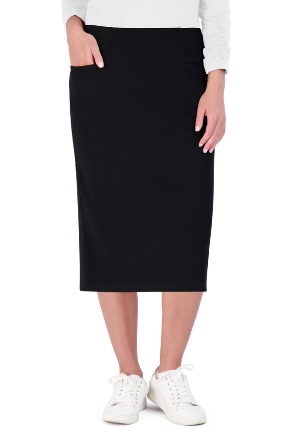 Snoga Athletics black pencil skirt, ribbed stretch fabric, below knee, front pockets, casual style.