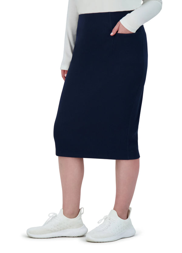 Snoga Athletics navy blue ribbed stretch pencil skirt for women, knee-length, side pockets