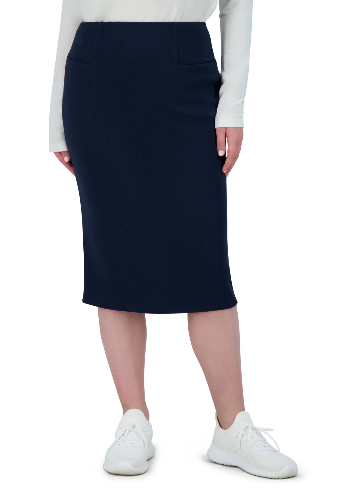 Snoga Athletics navy pencil skirt, ribbed stretch fabric, below-knee, comfortable fit