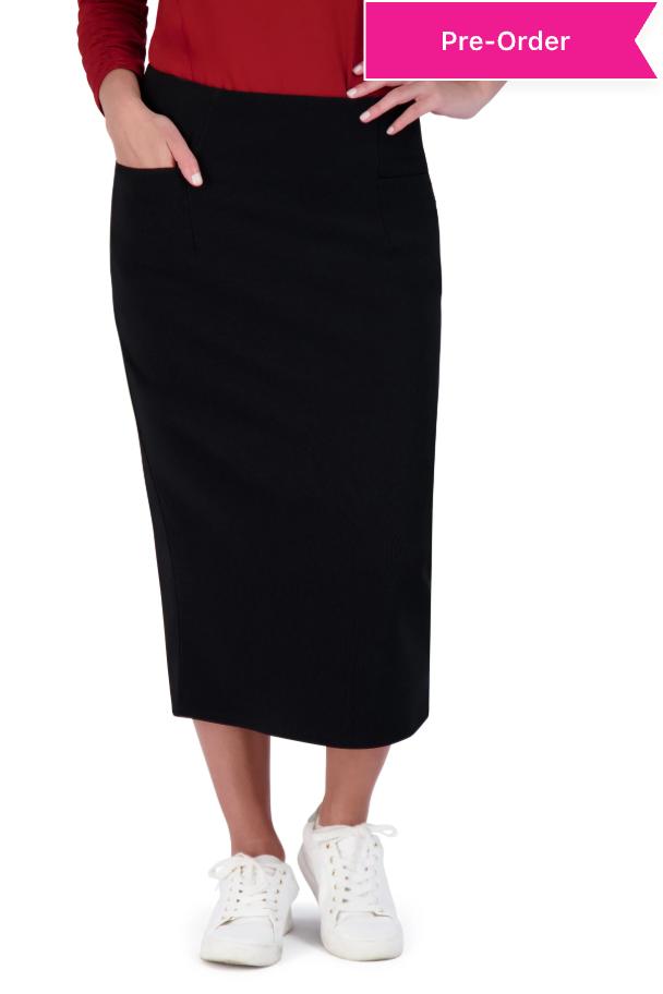 Snoga Athletics black pencil skirt, modest activewear, ribbed stretch fabric, front pockets