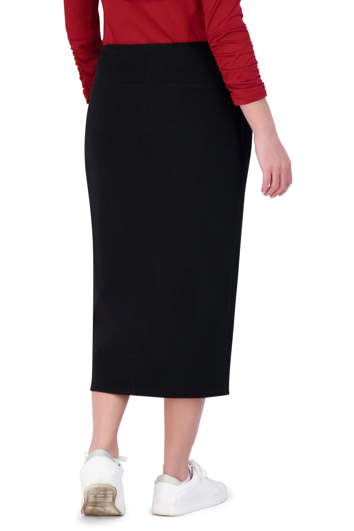 Snoga Athletics black ribbed pencil skirt, ankle length, worn with white sneakers