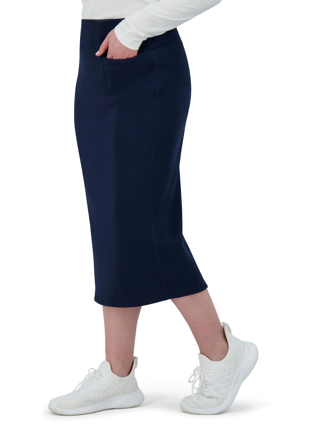 Navy ribbed pencil skirt by Snoga Athletics, stretch fabric, side pocket, mid-calf length