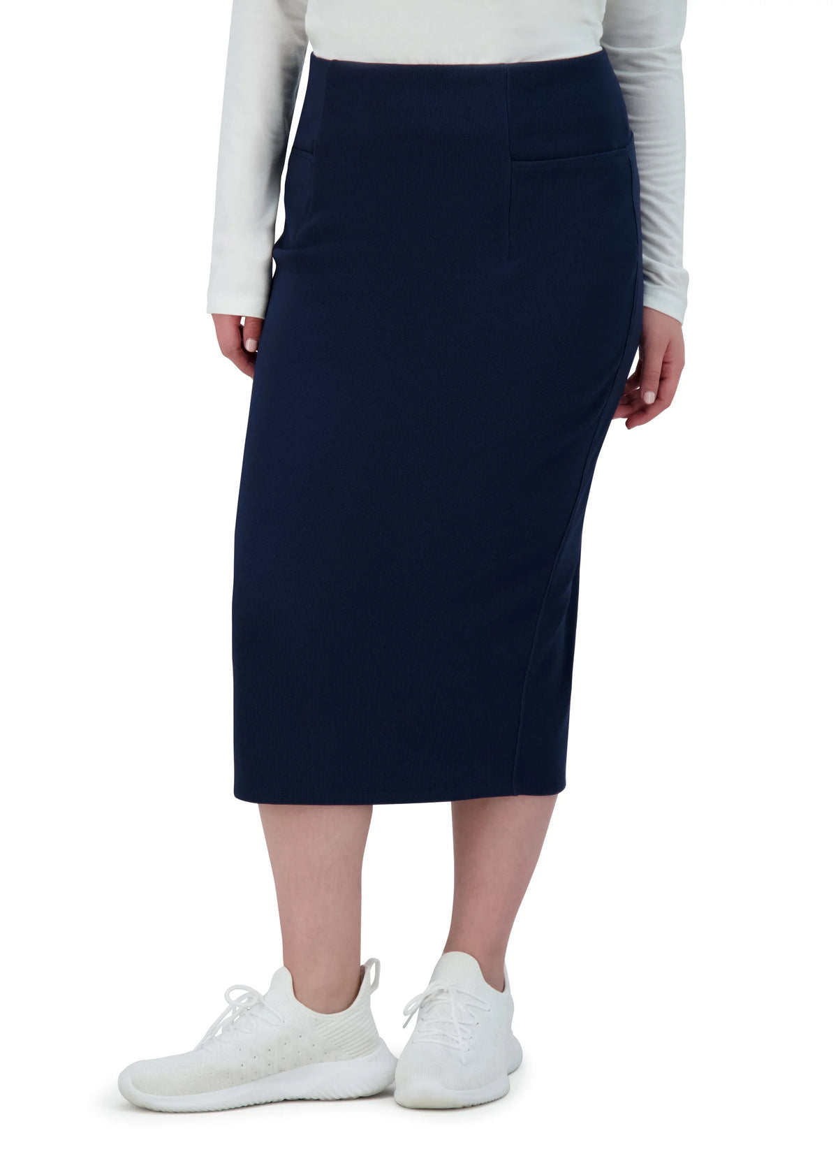 Snoga Athletics navy pencil skirt in ribbed stretch fabric, full length, modeled with white sneakers