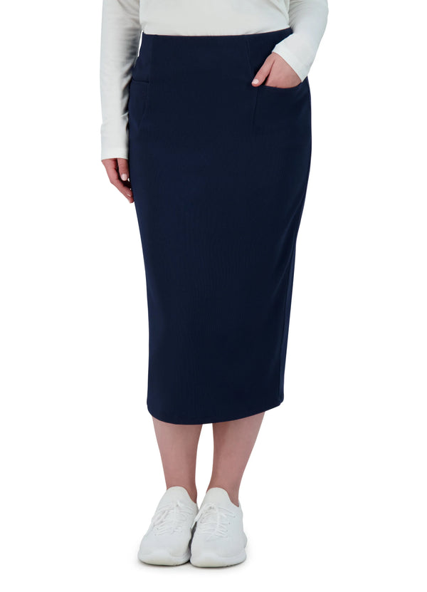 Snoga Athletics navy ribbed stretch pencil skirt worn by a woman with white sneakers