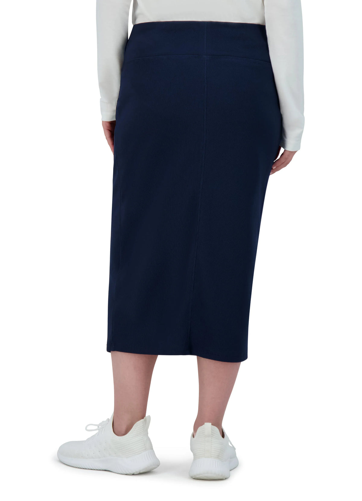 Woman wearing Snoga Athletics navy ribbed stretch pencil skirt, back view