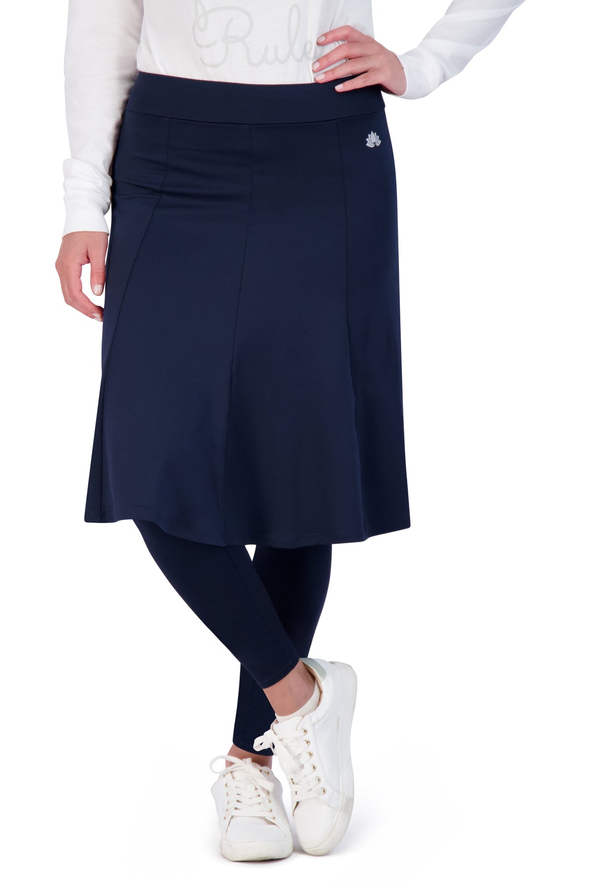 Snoga Athletics navy modest skirt leggings combo with white sneakers, front view