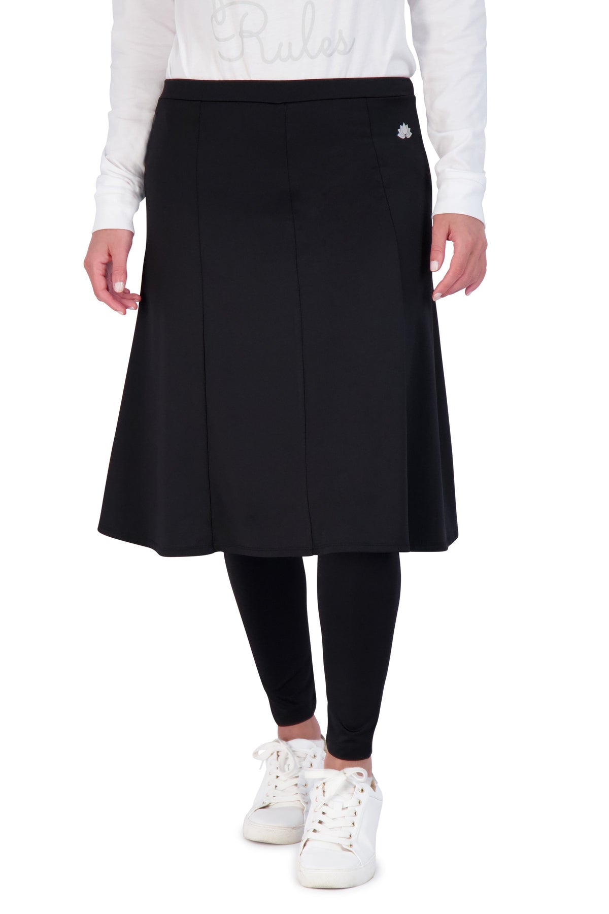 Snoga Athletics black ankle-length ballet skirt leggings, front view, modest activewear